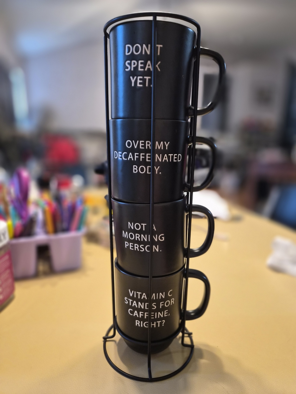 Stackable Black Ceramic Coffee Mug Set with Rack - Humorous White Text